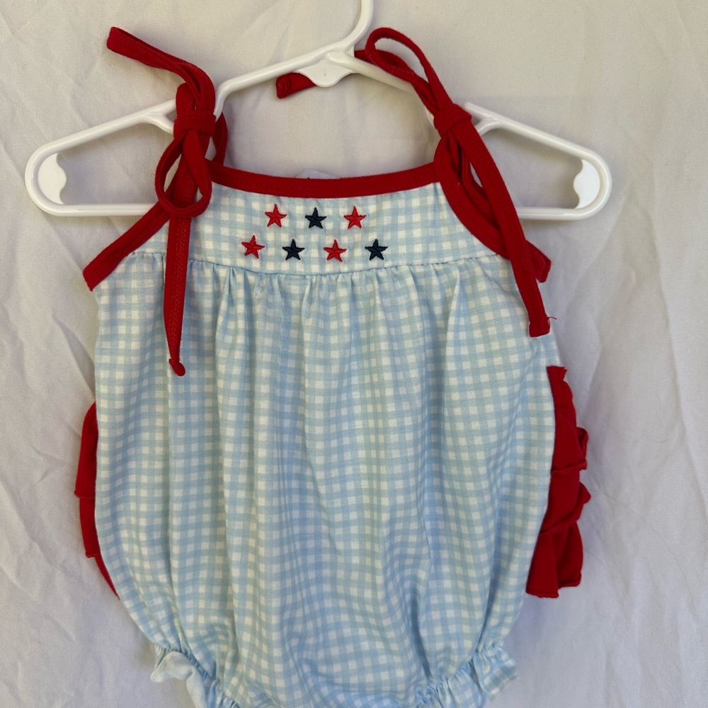 Abby & Evie Baby Gingham Star Tie Bubble in Red & Light Blue